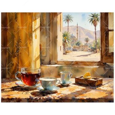 Imagem de Kit de pintura por números de chá do deserto para adultos - Xícaras de chá DIY com pintura Oasis View em tela, 40,6 x 50 cm, conjunto de tinta acrílica, adequado para iniciantes, arte para decoração