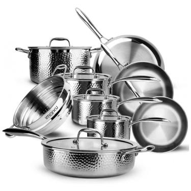 Imagem de Jogo de Panelas e Frigideiras em Aço Inoxidável Triplo Revestido com Alça e Tampas Penduradas, 14 Peças, Imarku, Prata