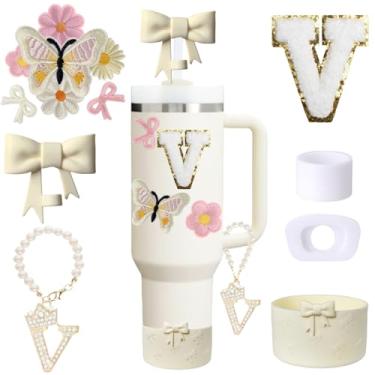 Imagem de Conjunto de acessórios de copo Stanley branco de 13 peças para copo de 850 g 1134 g com alça, incluindo pingente de alça, adesivo inicial personalizado, topo de palha, bota de silicone, tampa à prova