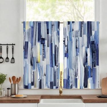 Imagem de Uiiooazy Cortina abstrata moderna para cozinha, azul royal, pintura a óleo, cortinas de janela pequena, 66 x 61 cm C para sala de estar, quarto, banheiro, listras, varão, bolso, tratamentos de janela