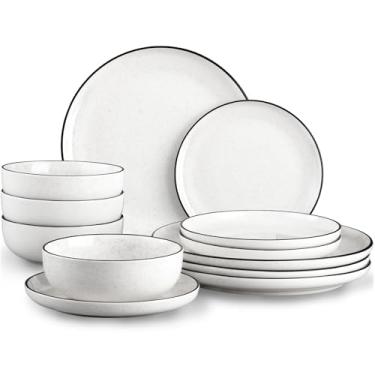 Imagem de SOVEGLEE Conjuntos de pratos e tigelas para 4,12 peças, conjunto de louça branca para cozinha, conjuntos de pratos de design moderno com aro preto, pode ir ao micro-ondas e à máquina de lavar louça