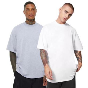 Imagem de Kit 2 Camisetas Oversized Básicas Gola Alta Branca e Cinza Claro Malha