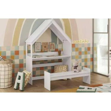 Imagem de Escrivaninha p/ Escritório Casinha c/ Banco Branco - Peroba - Móveis P