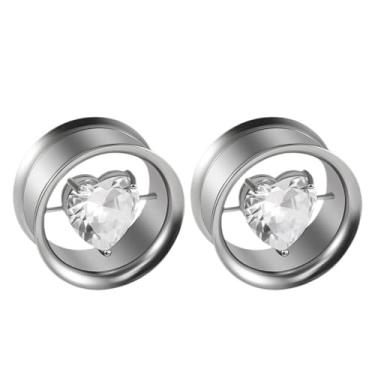 Imagem de Brincos de alargador duplo alargado Crystal Heart Love para mulheres e homens unissex - aço inoxidável zircônia cúbica expansor de coração esticador parafuso calibre orelha corpo delicado joia