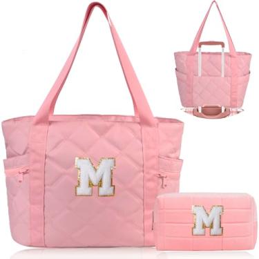 Imagem de QZUnique Bolsa de viagem feminina com inicial de presente - Bolsa esportiva com bolsa de maquiagem, bolsa de fim de semana, bolsa de ioga para academia, presente de aniversário, rosa, Medium to Large