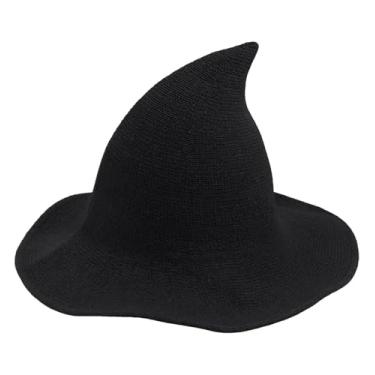 Imagem de Chapéu de bruxa para mulheres, chapéu de bruxo de lã de malha de Halloween, boné de bruxa pontiagudo de aba larga para festa cosplay, fantasia de cosplay, preto