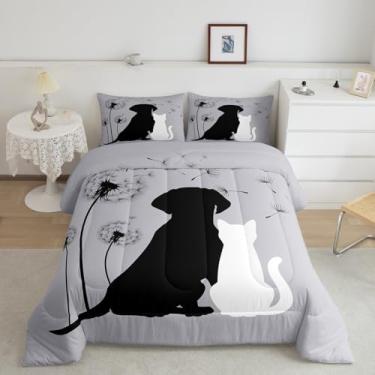 Imagem de Jogo de cama infantil, Queen, adorável cachorro, cachorrinho, decoração de quarto, edredom de flor de dente-de-leão, branco gatinho preto, desenho animado, animais de estimação, casal, edredom