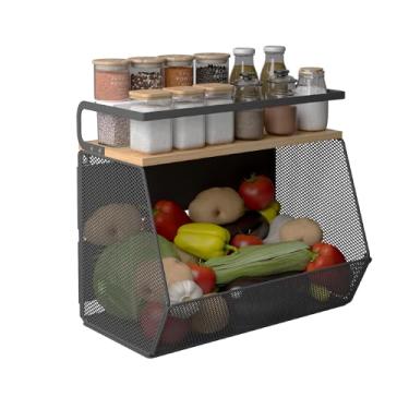 Imagem de Prateleira magnética para geladeira com ímã largo e grosso, 1 pacote com cesta organizadora de geladeira com parte superior de bambu, armazenamento para frutas, batata, cebola, cozinha, despensa