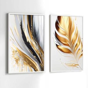 Imagem de Conjunto Quadros Decorativos com Moldura Folhas Gold Abstrato Kit 2 Qu
