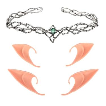 Imagem de WHAVEL Coroa de elfo com orelhas de fada, acessório de cabeça de fada de metal com 2 pares de orelhas de elfo macias cosplay reneascentista Halloween (prata, cristal verde)