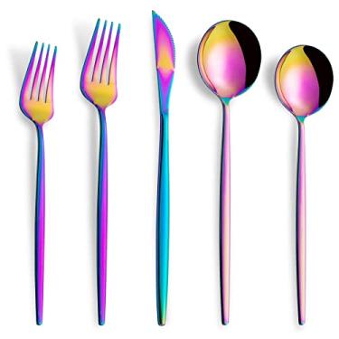 Imagem de Joincook Conjunto de talheres arco-íris de 20 peças, conjunto de talheres de aço inoxidável portátil para 4, garfos, colheres de faca, conjunto de utensílios de cozinha, utensílios de mesa para casa e restaurante, lavável na lava-louças