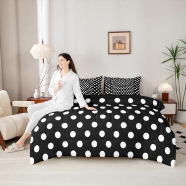 Imagem de Manfei Conjunto de cama queen de bolinhas estilo francês com estampa de bolinhas pretas e brancas para crianças, conjunto de cama com círculos geométricos modernos, arte simples abstrata, conjunto de