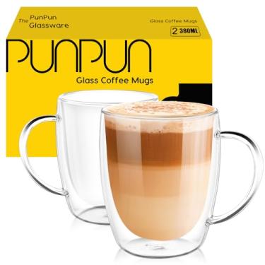 Imagem de PunPun Copos de café transparentes 380 ml, canecas de café expresso, copo de leite de parede dupla com alça grande, caneca perfeita para bebidas quentes, latte, cappuccinos, conjunto de 2