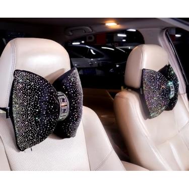 Imagem de Travesseiro moderno de apoio de pescoço com laço para assento de condução, viagem e descanso de cabeça, acessórios de carro, brilhante, strass, travesseiro preto, pacote com 2