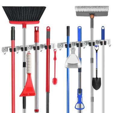 Imagem de nacena Suporte de parede para vassoura, 2 pacotes de cabide de esfregão e vassoura de aço inoxidável prateado com ganchos, organizador de vassoura e esfregão resistente para pendurar na parede para