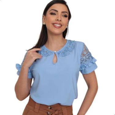 Imagem de Blusa Feminina Social Evangélica Manga Renda Guipir Pérolas - Look Mod