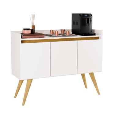 Imagem de Aparador Buffet Sala Gold 3 Portas Com Pés De Madeira Maciça Branco Mel