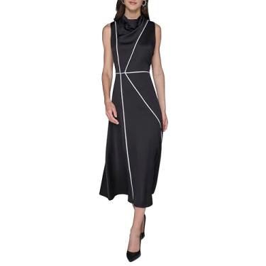 Imagem de Karl Lagerfeld Paris Vestido midi feminino sem mangas com gola redonda de cetim, Preto/branco macio, 38