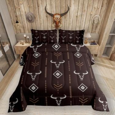 Imagem de Conjunto de edredom de caveira de touro ocidental, boêmio, sudoeste, king, adolescentes, mulheres, homens, geométrico, tribal, étnico, asteca, flecha, marrom, decoração de quarto