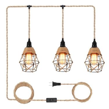 Imagem de CAFULAM 3 Luzes Pendentes De Corda Cânhamo Com Plugue Luz Em Rattan Abajur Cordão Trançado