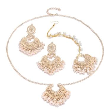 Imagem de DOUVEI Conjunto de joias femininas com pérolas douradas – colar, brincos e tiara Maang Tikka, acessórios de festa de casamento indiana, One Size, Pérola sintética Metal dourado Pérola sintética