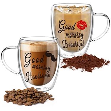 Imagem de LYTDMSKY Conjunto de canecas de café de vidro de parede dupla, canecas de vidro com isolamento transparente para bebidas quentes, adequadas para chá, latte, expresso, cappuccino (casal de 340 g)