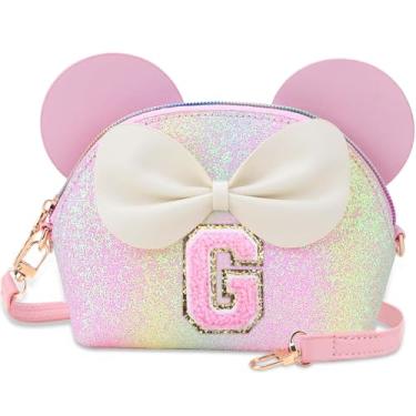 Imagem de Kejea Bolsa infantil para presentes infantis - Carteira de princesa, bolsa tiracolo com flores de pérolas, bolsas de ombro fofas com inicial, Glitter Rainbow
