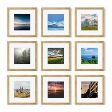Imagem de YESKAY Conjunto de 9 porta-retratos de 30 x 30,5 cm, para galeria de fotos, exiba imagens 20 x 20 cm com tapete ou 30,5 x 30,5 cm sem tapete, molduras quadradas, colagem, decoração de parede, carvalho