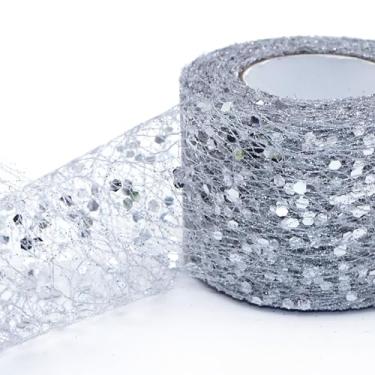 Imagem de Fita de malha brilhante de 10 metros de largura 5 cm de largura de organza metálica brilhante lantejoulas borda de arame decorativo tecido de tule para embrulho de presente de árvore de Natal (prata)