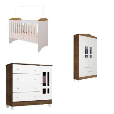 Imagem de Conjunto de Quarto Infantil Guarda-roupa de Bebê 4 Portas, Cômoda Infantil e Berço Mel Marrom/Branco
