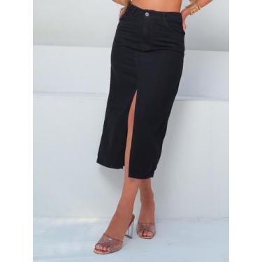 Imagem de Saia midi jeans preta cintura alta com fenda na frente com Bolso Premi