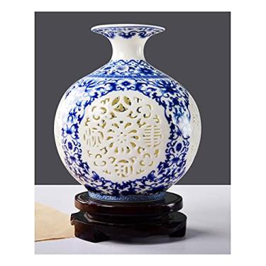 Imagem de Vaso de flores Jingdezhen de cerâmica feito à mão oco esculpido em porcelana azul e branca, vaso de artesanato para decoração de sala de estar, incluindo vasos de flores para decoração de casa de