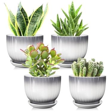Imagem de YUFDA Vasos de cerâmica, 13 cm, conjunto de 4, vasos com orifício de drenagem e pires, vasos de flores para plantas de interior, design moderno (cinza + branco)