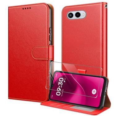 Imagem de Capa T-Mobile Revvl 8 TMRV085G com protetor de tela de vidro temperado PU Leather Folio Flip [bloqueio RFID] [Suporte] [Porta-cartões] Capa magnética TPU à prova de choque - Vermelho