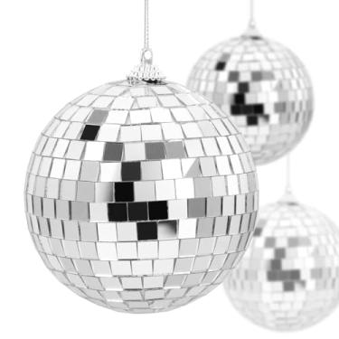 Imagem de Lmaytech Bola de discoteca espelhada prateada de 10 cm (pacote com 4), bola de discoteca giratória para pendurar, casamento, decoração de casa, efeito de luz de DJ, decoração de tema retrô dos anos 70