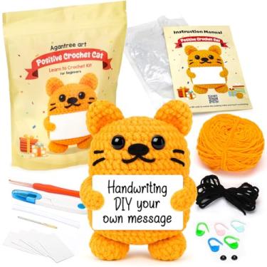 Imagem de Agantree art Kit de crochê para iniciantes, crianças, adolescentes e adultos, personalizado, outono, aniversário, Natal, presentes para mulheres, filha, neta, amiga, gato, kits de crochê com tutoriais