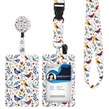 Imagem de Porta-crachá de identificação com cordão retrátil e chaveiro, carretel de crachá com clipe de mosquetão giratório, pássaros em aquarela, floral, etiqueta de nome, cordão, protetor de identidade