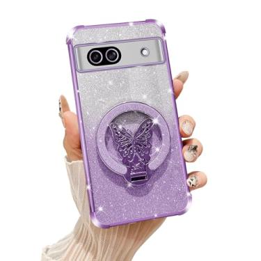 Imagem de Tesazxcn Capa para Google Pixel 8A com suporte de borboleta compatível com Magsafe, capa protetora à prova de choque com glitter para mulheres e meninas, roxo