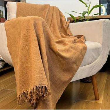 Imagem de Manta Artesanal de Algodão com Franjas – Cobertor Decorativo para Sofá e Cama, Leve e Confortável (Marrom claro)