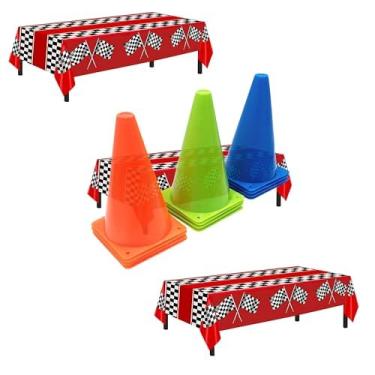 Imagem de YOELVN Cones de trânsito laranja de 17,78 cm decoração de festa com bandeiras quadriculadas de corrida, cones de plástico de treinamento esportivo de segurança de 28 cm com bandeiras de corrida,