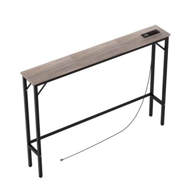 Imagem de Aduanbang Mesa de console de 15 cm com tomada – mesa de sofá estreita, mesa atrás do sofá para sala de estar e corredor, 15 x 100 x 76 cm, moldura de metal, marrom rústico