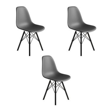 Imagem de Conjunto 3 Cadeiras Eames Estilo Moderno Em Ferro Preto Com Assento Cinza