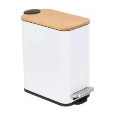 Imagem de Lixeira retangular de metal com pedal e tampa em bambu branca 5l lyor