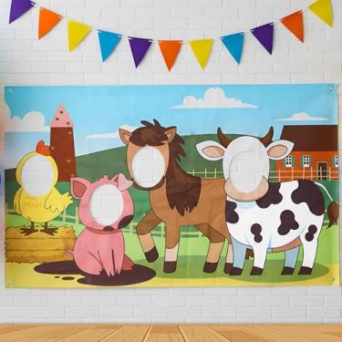 Imagem de Hahafelt Buraco de animais de fazenda de 106 x 182 cm, fundo de faixa de foto, fundo de rosto, festa de brincar. Adereços para fotos de jogos, decoração de tema de fazenda para aniversário, decorações