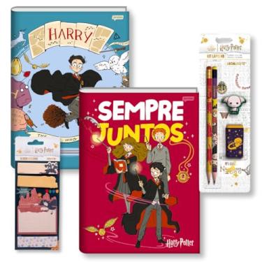 Imagem de KIT 2 Cadernos Harry Potter Brochurão + Bloco de notas Adesivas + KIT Escolar Harry Potter (Brochura Capa Dura Universitario Costurado) (Vassoura Azul + Vermelho Junto)