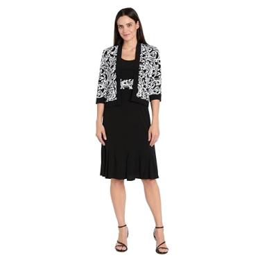 Imagem de R&M Richards Conjunto de vestido feminino de 2 peças - Bolero estampado com manga 3/4 e vestido regata sem mangas com cintura estampada, Preto/Marfim, 48