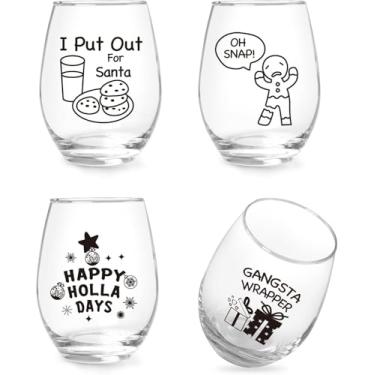 Imagem de Jogskeor Conjunto de 4 taças de vinho engraçadas de Natal, taças de vinho sem haste para mulheres, homens, amigos e família, presentes maravilhosos de Natal de ano novo, 425 g