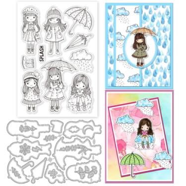 Imagem de Rain Lady Conjunto de carimbos transparentes e matrizes de corte para fazer cartões, guarda-chuva de silicone transparente, botas de chuva de metal, cortes para álbum de fotos decorativo, faça você