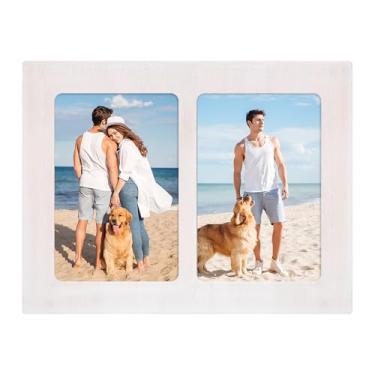 Imagem de YESKAY Colagem de porta-retratos 10 x 15 – molduras duplas de 10 x 15 cm moldura de madeira branca rústica com vidro temperado, 2 porta-retratos para decoração de parede de 10 x 15 cm, 1 pacote com 1