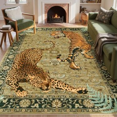 Imagem de Joydeco Tapetes boho com estampa de chita de tigre para sala de estar, grande lavável vintage tapete para quarto 20 x 25 sob a cama, tapete colorido antiderrapante para sala de jantar, escritório